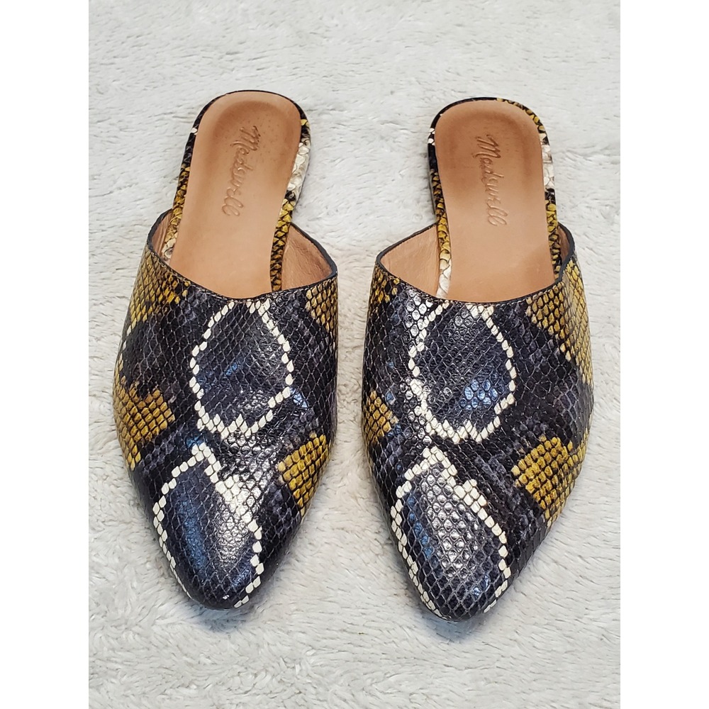 Madewell Black Yellow Snake Animal Print Black Leather Slides Shoes‎ 6.5 Classic